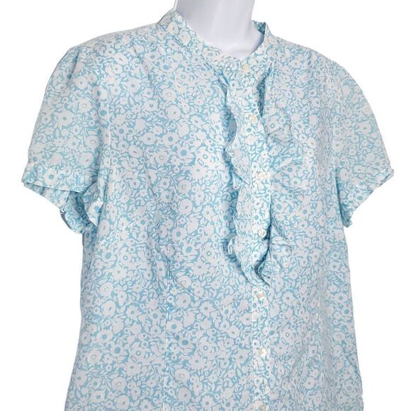 LL Bean Floral Short Sleeve Ruffle Blouse Sz L Blue White Cottagecore Prairie - Picture 2 of 4